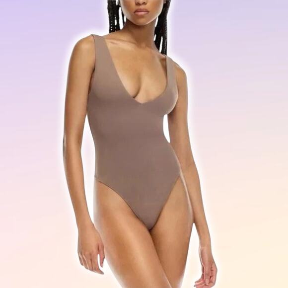 BABATON Aritzia Contour V-Neck Tank Thong Bodysuit Sz Large Deep Taupe - Picture 1 of 8